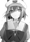  1girl absurdres animal_ears bow bowtie breasts cheval_grand_(umamusume) closed_mouth ears_through_headwear greyscale hat highres horse_ears horse_girl looking_at_viewer luca_hello_0520 monochrome peaked_cap portrait rain sailor_collar school_uniform serafuku shirt short_hair short_sleeves solo tearing_up umamusume water_drop wet wet_clothes wet_shirt white_background 