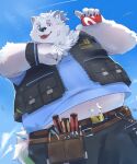 2024 absurd_res anthro band-aid bandage belly big_belly black_nose bottomwear canid canine canis clothing domestic_dog en_1_9 fur hi_res kemono lifewonders live_a_hero male mammal overweight overweight_male pants shirt solo topwear white_body white_fur yohack