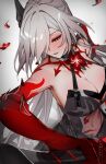  1girl acheron_(honkai:_star_rail) bare_shoulders breasts cleavage commentary_request grey_background grey_hair halterneck highres honkai:_star_rail honkai_(series) large_breasts long_hair midriff navel official_alternate_color red_eyes shengtaki solo stomach upper_body very_long_hair 