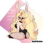 absurd_res big_hair blonde_hair blush bodily_fluids breasts bunny_costume clothing collar costume depression fake_ears fake_rabbit_ears female fishnet fishnet_legwear forced gradient_background hair heart_(marking) hi_res human human_only legwear looking_at_viewer makeup_running mammal medium_breasts not_furry nyxartstation scared simple_background sitting sitting_on_ground solo speech_bubble stripper tears thick_thighs