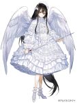  1girl :| alpaca_connect angel angel_wings beret black_hair bow capelet closed_mouth copyright_notice dress dress_bow embroidery floral_print frilled_dress frilled_shirt_collar frilled_sleeves frilled_socks frills full_body gem hair_between_eyes hair_bow hair_ornament hat high_heels holding holding_sword holding_weapon kao_o0 lolita_fashion long_hair long_sleeves looking_at_viewer medium_dress petticoat puffy_long_sleeves puffy_sleeves red_eyes red_gemstone shoe_flower sidelocks simple_background sleeve_bow socks solo standing sword very_long_hair weapon white_background white_bow white_capelet white_dress white_headwear white_socks white_wings wings x_hair_ornament 
