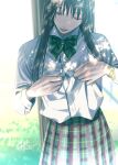  1girl black_hair bow bowtie buttons collared_shirt commentary_request cowboy_shot day facing_down green_bow green_bowtie green_skirt lips long_hair long_sleeves multicolored_shirt open_mouth opened_by_self original outdoors pixiv_id plaid plaid_bow plaid_skirt pleated_skirt school_uniform shadow shirt signature skirt solo sunlight watch white_shirt wristwatch zxlai 