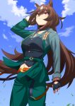  1girl absurdres animal_ears arm_up artist_logo belt black_gloves blue_sky blush breasts brown_belt brown_hair closed_mouth cloud cloudy_sky collared_shirt color_neko_(user_yfvc3323) commentary_request cowboy_shot ear_ornament fingerless_gloves frown gloves green_jacket green_pants grey_shirt hair_between_eyes hand_on_own_hip highres horse_ears horse_girl horse_tail jacket large_breasts long_hair looking_at_viewer midriff_peek multicolored_hair outdoors pants red_eyes shirt sirius_symboli_(umamusume) sky solo streaked_hair tail umamusume very_long_hair white_hair 