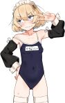  1girl absurdres averting_eyes black_sleeves blonde_hair blue_eyes blush bob_cut breasts closed_mouth commentary covered_navel detached_sleeves fang frown girls_und_panzer hand_on_own_hip highres katyusha_(girls_und_panzer) looking_at_viewer maid_headdress name_tag sattinittas school_swimsuit short_hair simple_background skin_fang small_breasts solo standing strap_slip sweatdrop swimsuit thighhighs v white_background white_thighhighs 