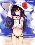  akatsuki_(kantai_collection) bikini black_bikini flower hand_on_headwear hat hibiscus kantai_collection long_hair navel nazunakku purple_eyes purple_hair see-through smile solo sun_hat swimsuit 