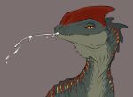 2024 anje dilophosaurid dilophosaurus dinosaur female feral flamespitter green_body green_scales headshot_portrait looking_at_viewer nude portrait reptile scales scalie spitting spitting_out theropod unknown_liquid