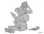 anthro belly belly_jiggle burger butt claws clothed clothing english_text fast_food food fur greyscale hand_on_face hi_res hoodie human human_to_anthro hyena jiggling kneeling male mammal mane markings mid_transformation monochrome motion_lines open_mouth overweight overweight_anthro overweight_male simple_background solo species_transformation spots spotted_body spotted_fur spotted_hyena stickmanwww surprise teeth text toe_claws tongue tongue_out topwear torn_clothing transformation weight_gain white_background