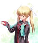  blazer blonde_hair blush closed_eyes clothes_in_front collarbone hair_ribbon jacket little_busters! long_hair ribbon school_uniform solo spoilers tokido_saya twintails zen 
