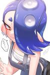  amakusa_setoka apron bent_over blue_apron blue_hair blush cephalopod_eyes chest_sarashi earrings highres jewelry looking_at_viewer multiple_earrings red_eyes sarashi shiver_(splatoon) splatoon_(series) splatoon_3 suction_cups tentacle_hair 