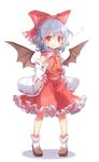  60mai ascot bat_wings blue_hair blush bow cosplay detached_sleeves fang frilled_skirt frills full_body hair_bow hair_ornament hair_tubes hakurei_reimu hakurei_reimu_(cosplay) hand_on_hip long_sleeves looking_at_viewer midriff red_eyes remilia_scarlet sarashi shirt shoes short_hair simple_background skirt skirt_set smile socks solo touhou vest white_background white_legwear wide_sleeves wings 