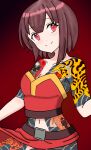  1girl absurdres arm_tattoo chest_tattoo didiugb fish_tattoo highres irezumi kono_subarashii_sekai_ni_shukufuku_wo! leg_tattoo looking_at_viewer megumin red_background red_eyes red_theme shoulder_tattoo simple_background solo stomach_tattoo tattoo 