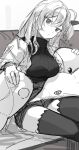  1girl absurdres ao_oni_(onioni-aoi) arknights breasts character_request greyscale hair_between_eyes highres jacket large_breasts long_hair looking_at_viewer monochrome open_clothes open_jacket parted_lips ribbed_sweater short_shorts shorts sitting sketch solo stuffed_animal stuffed_shark stuffed_toy sweater thighhighs turtleneck turtleneck_sweater 