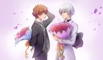  bad_id bad_pixiv_id bocya bouquet bow brown_hair closed_eyes flower formal highres kakumeiki_valvrave l-elf looking_at_another male_focus multiple_boys necktie open_mouth petals purple_eyes red_flower red_rose rose silver_hair smile suit tokishima_haruto 