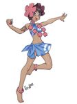  anklet barefoot blue_eyes blue_sarong blush breasts brown_hair dark_skin elite_four flower full_body fuyou_(pokemon) hair_flower hair_ornament halter_top halterneck holding holding_poke_ball jewelry lilirulu midriff navel poke_ball pokemon pokemon_(game) pokemon_rse print_sarong sarong short_hair simple_background small_breasts smile solo tattoo toes white_background 