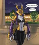 2023 anthro bandai_namco better_version_at_source biped black_sclera blue_eyes breasts building canid canine clothing colored countershading dialogue dialogue_box digimon digimon_(species) english_text female fishfunk fur hi_res instant_loss_2koma jacket looking_at_viewer mammal night outside plant renamon sky solo speech_bubble tail talking_to_viewer text topwear tree white_body white_countershading white_fur yellow_body yellow_fur yellow_tail