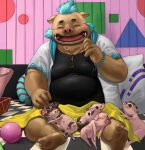 anthro ball belly blue_hair blush bottomwear bracelet brown_body brown_fur clothing domestic_pig feral fur gouryou group hair jewelry lifewonders male mammal moobs necklace overweight q83561965 shirt shorts smile suid suina sus_(pig) t-shirt tokyo_afterschool_summoners topwear towel tusks