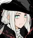  1girl black_coat black_headwear blood blood_on_face bloodborne bright_pupils closed_mouth coat english_commentary green_eyes hat highres lady_maria_of_the_astral_clocktower looking_at_viewer ponytail portrait sidelocks simple_background smile solo tavi_(hosheezus) tricorne white_hair white_pupils 