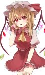  absurdres blonde_hair chalc0 crystal_wings dress flandre_scarlet hat hat_ribbon highres medium_hair mob_cap puffy_short_sleeves puffy_sleeves red_dress red_eyes red_ribbon ribbon short_sleeves side_ponytail simple_background smile touhou white_background 