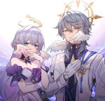  1boy 1girl absurdres aqua_eyes arm_behind_back arm_support bare_shoulders braid breasts closed_mouth collar collarbone colored_inner_hair cross dress earrings english_commentary feathered_wings french_braid gloves gold_earrings gold_trim gradient_background grey_hair hair_between_eyes halo head_wings highres honkai:_star_rail honkai_(series) jacket jewel_under_eye jewelry long_hair long_sleeves looking_at_viewer medium_breasts medium_hair multicolored_hair musical_note_ornament neck_ribbon open_clothes open_jacket purple_background purple_collar purple_dress purple_hair purple_ribbon purple_shirt ribbon ring ris_rakugaki robin_(honkai:_star_rail) shirt single_earring sleeveless sleeveless_dress smile standing star_(symbol) strapless strapless_dress sunday_(honkai:_star_rail) tassel white_background white_gloves white_jacket wings yellow_eyes 