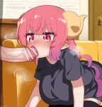  1boy 1girl ^^^ absurdres all_fours bar_censor black_shirt black_thighhighs blush breasts censored couch dragon_girl dragon_horns ear_blush erection fellatio gradient_hair heart heart_in_eye heavy_breathing hetero highres horns ilulu_(maidragon) indoors just_the_tip kobayashi-san_chi_no_maidragon mixed-language_commentary mizumizuni multicolored_hair nose_blush on_couch oral paid_reward_available penis pink_eyes pink_hair pointy_ears purple_hair saliva shirt short_sleeves slit_pupils solo_focus sweat symbol_in_eye thighhighs twintails variant_set veins veiny_penis yellow_horns 