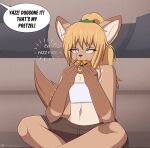 2024 accessory amber_eyes ambiguous_gender anthro blonde_hair bottomwear bow_ribbon canid canine cel_shading clothed clothing digital_media_(artwork) eating english_text fennec flyingtrace food fox freckles freckles_on_face fur furniture hair hair_accessory hair_bow hair_ribbon hi_res mammal multicolored_body multicolored_fur navel offscreen_character pillow ponytail pretzel_(food) ribbons shaded shorts signature sitting sofa solo speech_bubble tail tan_body tan_fur text topwear two_tone_body two_tone_fur url yazz_(flyingtrace)