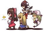  4girls ame_(candycircle) arrow_(symbol) bird_wings black_hair black_wings blonde_hair blush bow brown_eyes brown_hair chain closed_eyes closed_mouth commentary detached_sleeves flying frilled_bow frilled_hair_tubes frills gap_(touhou) hair_bow hair_tubes hakurei_reimu hat hat_ribbon horn_bow horn_ornament horn_ribbon horns ibuki_suika long_hair long_sleeves medium_hair mob_cap multiple_girls oni open_mouth pom_pom_(clothes) purple_tabard red_bow red_headwear red_ribbon red_skirt ribbon ribbon-trimmed_sleeves ribbon_trim shadow shameimaru_aya shirt short_sleeves simple_background skirt skirt_set smile subterranean_animism tabard tears tokin_hat touhou very_long_hair white_background white_shirt wings yakumo_yukari 