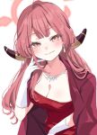  1girl aru_(blue_archive) aru_(dress)_(blue_archive) blue_archive blush breasts brown_horns cleavage closed_mouth coat coat_on_shoulders demon_horns dress earrings highres horns jewelry large_breasts long_hair looking_at_viewer necklace official_alternate_costume paragasu_(parags112) pink_hair red_coat red_dress simple_background smile solo upper_body white_background yellow_eyes 