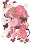  1girl absurdres blunt_bangs blush_stickers braid brown_choker brown_eyes brown_hair brown_ribbon candy chocolate choker closed_mouth cloud cloud_background daisy double_horizontal_stripe finger_to_own_chin flower food frilled_choker frills from_side gerbera hair_flower hair_ornament hair_ribbon hand_up heart heart-shaped_chocolate heart_background highres index_finger_raised looking_afar nape original pink_flower polka_dot polka_dot_background profile red_flower ribbon side_braid simple_background single_braid smile solo sparkle striped_background valentine white_background white_flower yooki_(winter_cakes) 