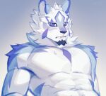 abs anthro biceps blue_eyes blush bodily_fluids canid canine demonzwdw embarrassed fur hi_res lifewonders live_a_hero male mammal multicolored_body multicolored_fur muscular muscular_anthro navel pecs sadayoshi shirtless solo sweat