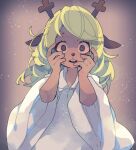  1girl @_@ animal_ears animal_nose antlers black_eyes blonde_hair brown_background buck_teeth commentary_request deer_ears deer_girl deltarune furry furry_female hands_on_own_face hands_up highres horns long_hair looking_at_viewer nikorashi-ka noelle_holiday open_mouth robe shaded_face simple_background solo sweat teeth upper_body white_robe wide-eyed wide_sleeves 