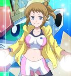  bad_id bad_pixiv_id bike_shorts blue_eyes breasts brown_hair gundam gundam_build_fighters gundam_build_fighters_try hood hoodie hoshino_fumina jacket jimauso mecha medium_breasts midriff navel ponytail smile solo sports_bra winning_gundam 