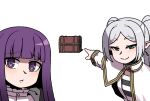  2girls :t black_shirt blunt_bangs blush capelet closed_mouth elf fern_(sousou_no_frieren) frieren frown furrowed_brow gold_trim green_eyes karepack long_hair looking_at_viewer medium_bangs meme multiple_girls parted_bangs pointing pointy_ears purple_eyes purple_hair shirt sidelocks simple_background smile smug sousou_no_frieren striped_clothes striped_shirt treasure_chest twintails two_soyjaks_pointing_(meme) upper_body white_background white_capelet white_shirt 