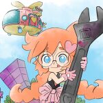  1girl aircraft blue_eyes blue_sky clothes_around_waist glasses gloves hair_ornament heart heart_hair_ornament helicopter holding holding_wrench looking_at_viewer official_art orange_hair penny_crygor pink_gloves sky takeuchi_kou third-party_source tongue tongue_out warioware warioware:_get_it_together! wrench 