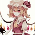  1girl ascot blonde_hair crystal_wings embodiment_of_scarlet_devil flandre_scarlet frills from_side hat hat_ribbon highres laevatein_(touhou) looking_at_viewer mob_cap puffy_short_sleeves puffy_sleeves red_eyes red_ribbon ribbon shirasu_bo short_sleeves simple_background smile solo touhou upper_body white_background yellow_ascot 