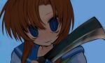  1girl blue_background blue_eyes blue_sailor_collar brown_hair cleaver commentary highres higurashi_no_naku_koro_ni holding holding_weapon looking_at_viewer nata_(tool) parted_lips ryuuguu_rena sailor_collar school_uniform serafuku short_hair simple_background slit_pupils solo uee_m upper_body weapon 