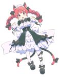  1girl alternate_costume animal_ear_fluff animal_ears back_bow black_footwear blush bow bowtie cat_ears cat_tail clenched_hands corset extra_ears fang frills kaenbyou_rin leg_ribbon looking_at_viewer maid mary_janes multiple_tails open_mouth pantyhose pointy_ears red_eyes red_hair ribbon shoes simple_background solo tail tanasuke touhou twintails two_tails white_background white_pantyhose 