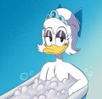 accessory anatid anseriform anthro avian bird bow_ribbon bubble bubble_bath casual_nudity crown daisy_and_the_mysteries_of_paris daisy_duck disney duck female hair_accessory hair_bow hair_ribbon headgear hi_res lady_in_waiting looking_at_viewer mr._blue_(artist) noble noblewoman nude relaxing ribbons royalty smile solo tiara