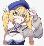  1girl blonde_hair blue_headwear breasts choker cleavage cropped_jacket dokibird_(vtuber) green_eyes grey_jacket hand_on_headwear hat highres indie_virtual_youtuber jacket long_hair long_sleeves looking_at_viewer mat_(matdesenheiro) medium_breasts open_clothes open_jacket shirt simple_background solo twintails underbust upper_body white_background white_shirt 