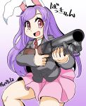  1girl animal_ears black_jacket blazer blush china_lake collared_shirt commentary_request cookie_(touhou) dated feet_out_of_frame gradient_background gun hisui_(cookie) holding holding_gun holding_weapon jacket long_hair looking_at_viewer medium_bangs necktie open_mouth pink_skirt purple_background purple_hair rabbit_ears rabbit_girl red_eyes red_necktie reisen_udongein_inaba shirt skirt smile solo swept_bangs tetugakuzonbi touhou translation_request very_long_hair weapon white_background white_shirt 