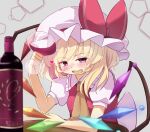  1girl ascot blonde_hair blush bottle crystal_wings cup drinking_glass flandre_scarlet hat hat_ribbon heart highres mob_cap red_ribbon red_wine ribbon side_ponytail sitting solo table taki.a01 touhou upper_body wine_bottle wine_glass yellow_ascot 