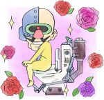  1boy cyborg dr._crygor facial_hair flower jumpsuit looking_at_viewer lowres mustache official_art on_toilet pink_flower pink_rose purple_flower purple_rose red_flower red_rose rose smirk sparkle takeuchi_kou third-party_source toilet warioware warioware:_get_it_together! yellow_jumpsuit 