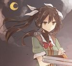  bow brown_eyes brown_hair chibirisu crescent_moon crossed_arms hair_ornament kantai_collection long_hair looking_at_viewer machinery moon solo tone_(kantai_collection) twintails upper_body 