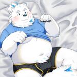 absurd_res anthro bed belly blue_eyes blush bulge canid canine canis clothed clothing clothing_lift domestic_dog fur furniture hi_res lifewonders live_a_hero lying male mammal moobs navel nipples nordic_sled_dog on_back overweight ruoain samoyed shirt shirt_lift solo spitz teasing topwear underwear white_body white_fur yohack