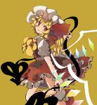  1girl absurdres blonde_hair cowboy_shot dress flandre_scarlet frills from_behind hat hat_ribbon highres laevatein_(touhou) looking_at_viewer looking_back medium_hair mob_cap puffy_short_sleeves puffy_sleeves red_dress red_eyes red_ribbon ribbon short_sleeves simple_background solo touhou user_gpvc4437 yellow_background 