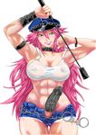  abs big_hair blue_eyes blue_shorts blush breasts bt_mogami censored chain cleavage collar condom condom_on_penis covered_nipples cuffs denim denim_shorts final_fight grin handcuffs hat highres large_breasts lipstick long_hair makeup midriff mosaic_censoring muscle muscular_female newhalf open_fly peaked_cap penis pink_hair poison_(final_fight) riding_crop shiny shiny_skin short_shorts shorts smile solo street_fighter tank_top thigh_gap unzipped you_gonna_get_raped 