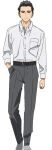  1boy akebi-chan_no_serafuku akebi_sato belt black_eyes black_hair brown_belt closed_mouth collared_shirt dress_shirt full_body grey_pants looking_at_viewer male_focus official_art pants shirt simple_background solo tachi-e transparent_background white_shirt 