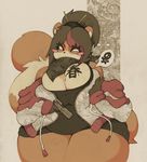  belly big_breasts breasts chubby cleavage clothed clothing fat female fluffy_tail furry gangster gun hoodie huge_breasts japanese mammal niu_mei_tiao niu_swiftreed original overweight ranged_weapon red_panda sfjr smutbunny solo thick_thighs urban weapon wide_hips 