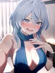  1girl ako_(blue_archive) ako_(dress)_(blue_archive) armpits bare_shoulders blue_archive blue_dress blue_eyes blue_hair blush breasts cuffs dress evening_gown halo highres indoors large_breasts looking_at_viewer misaki_nonaka nose_blush plunging_neckline selfie shackles sideless_outfit solo sweat sweatdrop upper_body wavy_mouth 