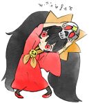  1girl ashley_(warioware) black_hair dress hair_ornament holding holding_skull long_hair looking_at_viewer lowres official_art red_dress red_eyes red_footwear serious skull skull_ornament star_(symbol) takeuchi_kou third-party_source twintails warioware warioware:_get_it_together! 