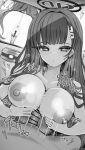  1boy 1girl anus bar_censor blue_archive blush breasts censored collarbone greyscale hair_ornament hairpin halo heart hetero highres izuoku large_breasts long_hair looking_at_viewer monochrome nipples paizuri parted_lips penis pussy rio_(blue_archive) 